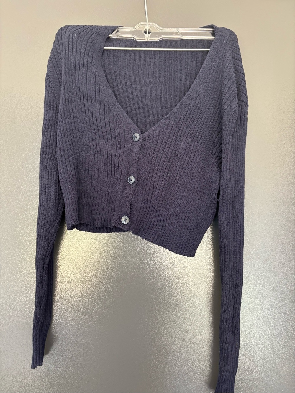 Cropped Rib-Knit V-Neck Cardigan Sweater - Blue